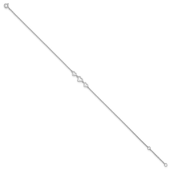 925 Sterling Silver 10 " Plus1 " ext Three Hearts Charms Fine Jewelry Anklet - Picture 2 of 7
